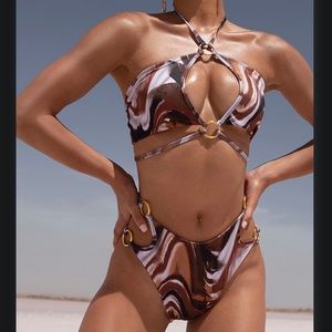 Brown Marble Print Double Ring Bikini